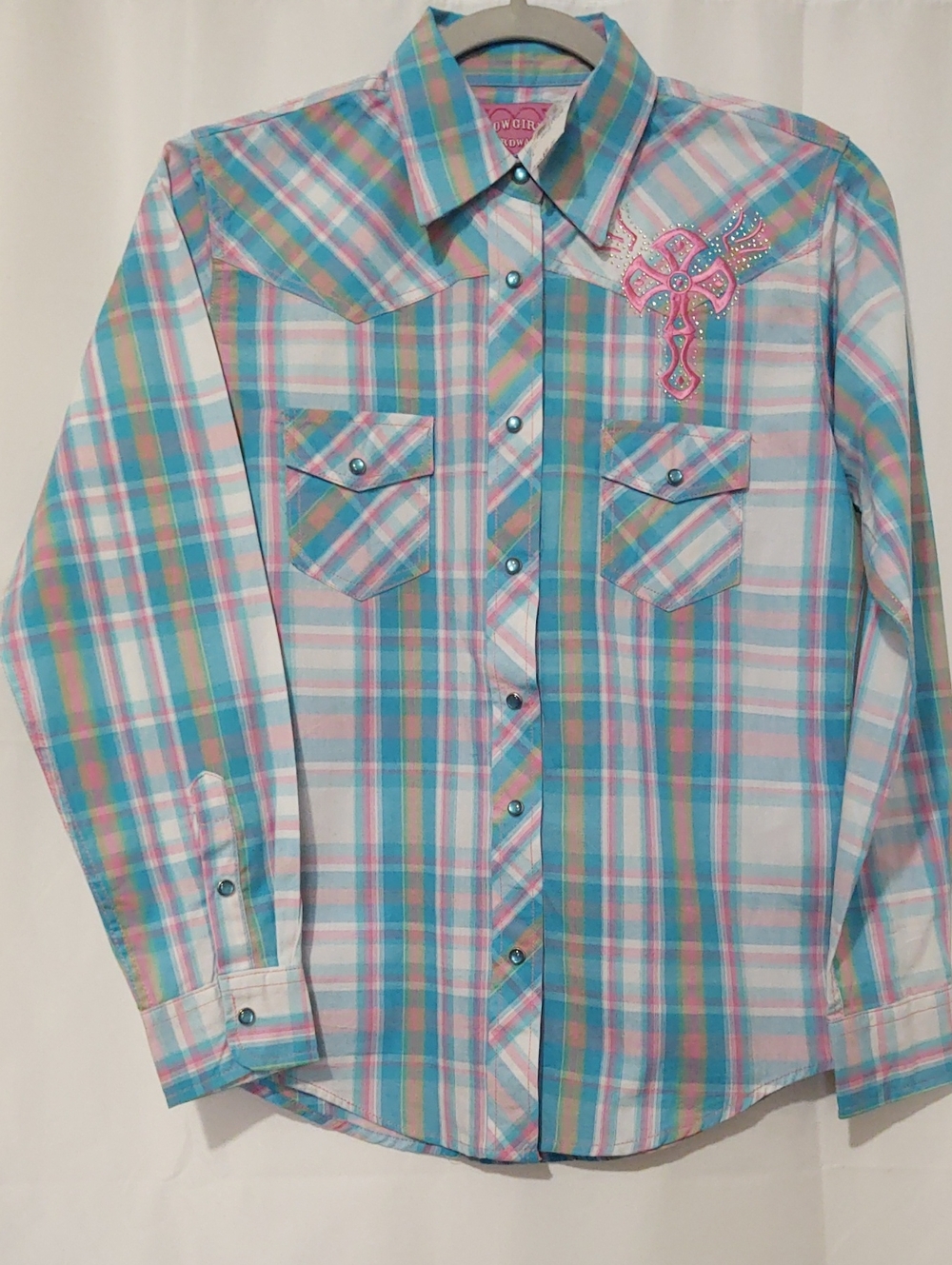 Cowgirl Hardware Pastel Plaid Western Button-Up Shirt with Embroidered Accent